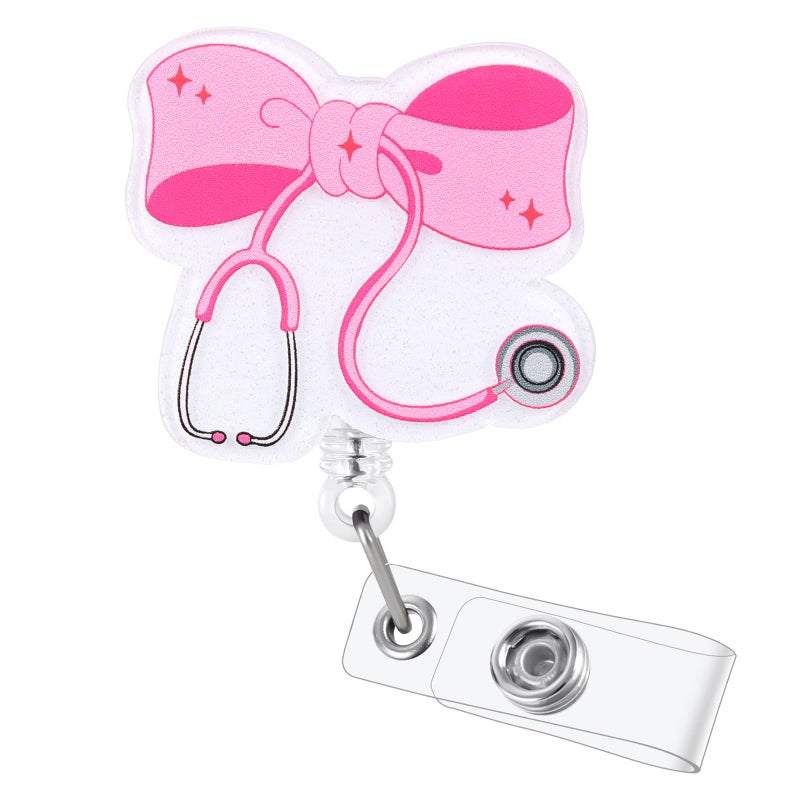 BEZTN Pink Bow Stethoscope Badge Reel, Cute Retractable ID Card Badge Holder, Name Tag Work Badge Clip for ICU NICU RN LPN CNA MA ER Cardiology Night Shift Nurse Nursing Student OR GI Doctor, Nurse Gifts - Image 1