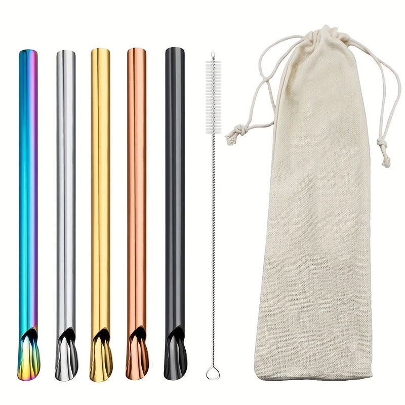 7pcs Multicolor 304 Stainless Steel Reusable Straw Set With Brush And Bag - Image 1