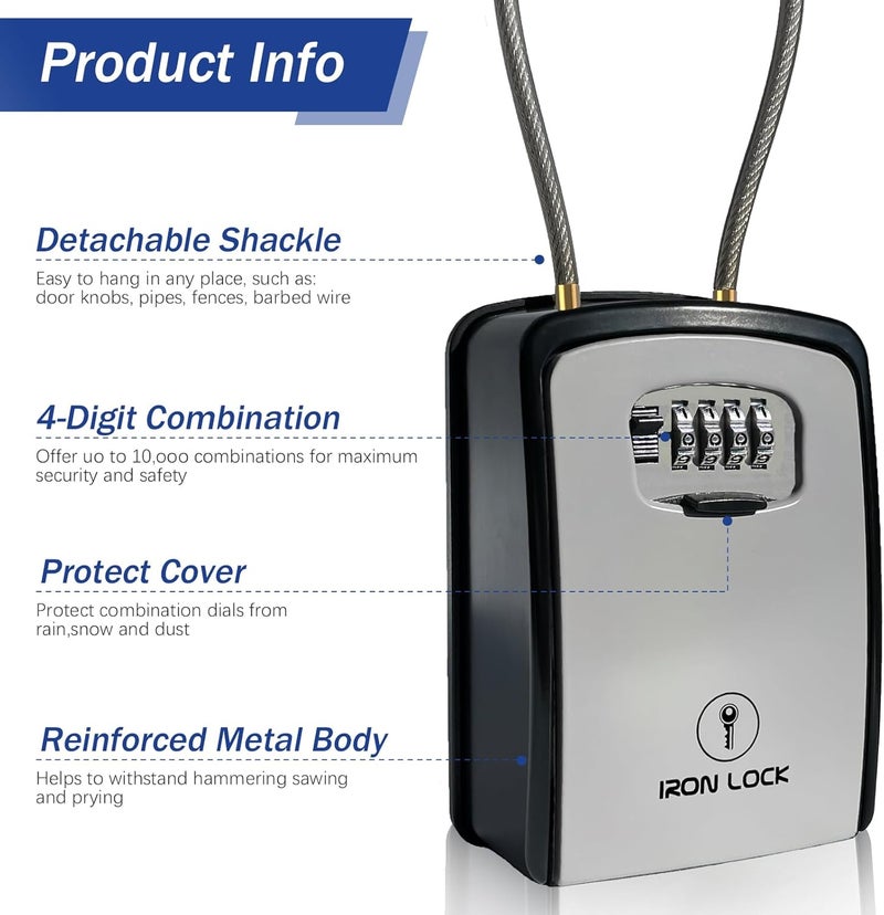 Iron Lock ® Key Lock Box Portable with Cable Shackle & Wall Mount – Waterproof Heavy Duty Metal Lock Box for Keys with 4-Digit Combination Code on Door Knob, Fence, Pipe or Gate (Grey, XXL) - Image 5