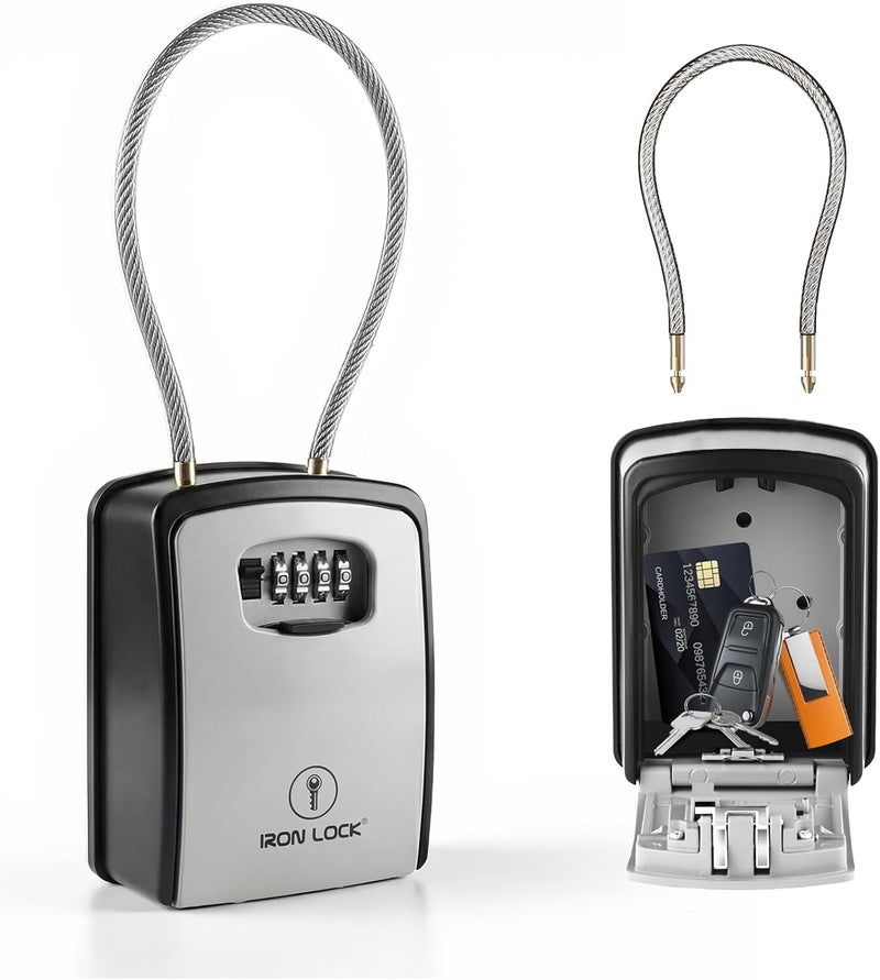 Iron Lock ® Key Lock Box Portable with Cable Shackle & Wall Mount – Waterproof Heavy Duty Metal Lock Box for Keys with 4-Digit Combination Code on Door Knob, Fence, Pipe or Gate (Grey, XXL) - Image 1