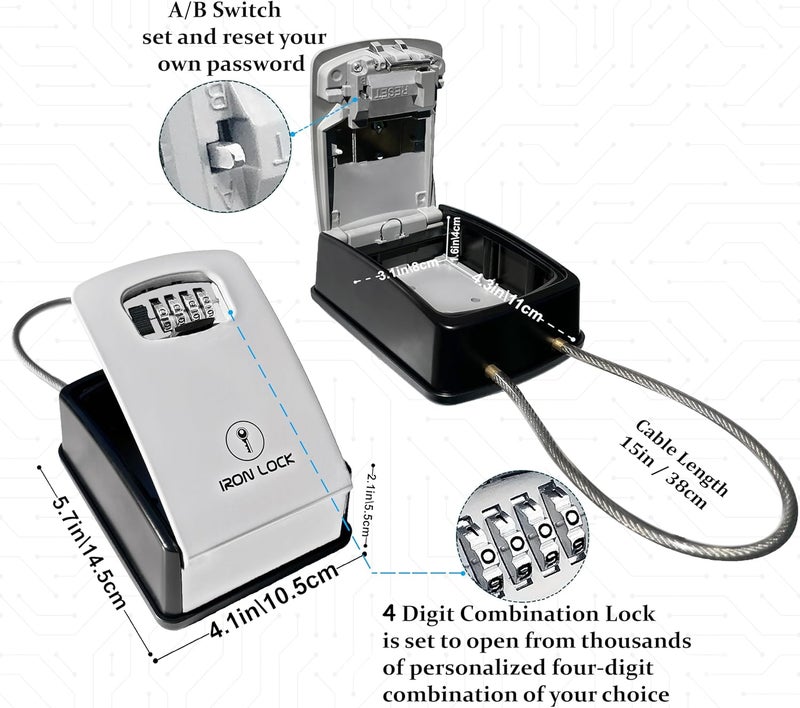 Iron Lock ® Key Lock Box Portable with Cable Shackle & Wall Mount – Waterproof Heavy Duty Metal Lock Box for Keys with 4-Digit Combination Code on Door Knob, Fence, Pipe or Gate (Grey, XXL) - Image 4