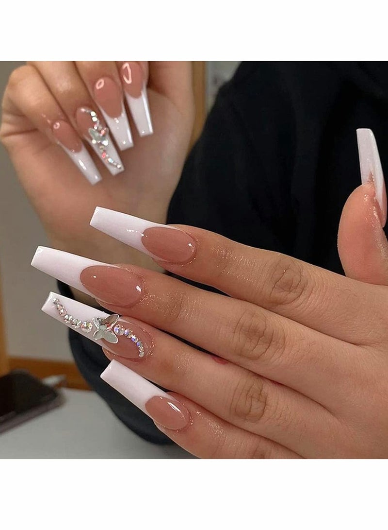 SOLARAE Press on Nails, Ballet French White Glow Butterfly Long Manicure, Artificial Acrylic Fake Nails Nail Art Accessories for Ladies and Girls (24 Pcs) - Image 2