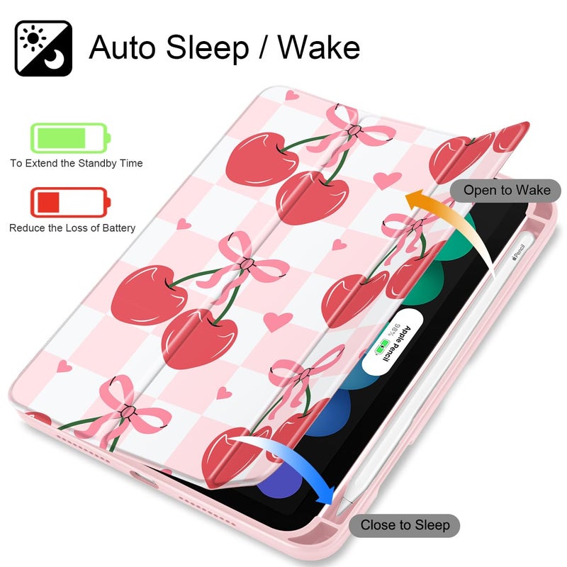 Mektron Printed Case for iPad mini 7 (A17 Pro) 2024/ Mini 6 2021, iPad mini 7th/6th Generation 8.3-inch Liquid Retina Display Cover, Buit in Pencil Holder with Clear Back Shell, Cherries Bows C353 - Image 3