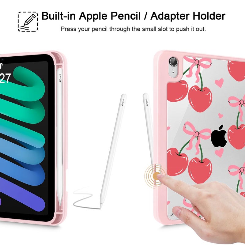 Mektron Printed Case for iPad mini 7 (A17 Pro) 2024/ Mini 6 2021, iPad mini 7th/6th Generation 8.3-inch Liquid Retina Display Cover, Buit in Pencil Holder with Clear Back Shell, Cherries Bows C353 - Image 5