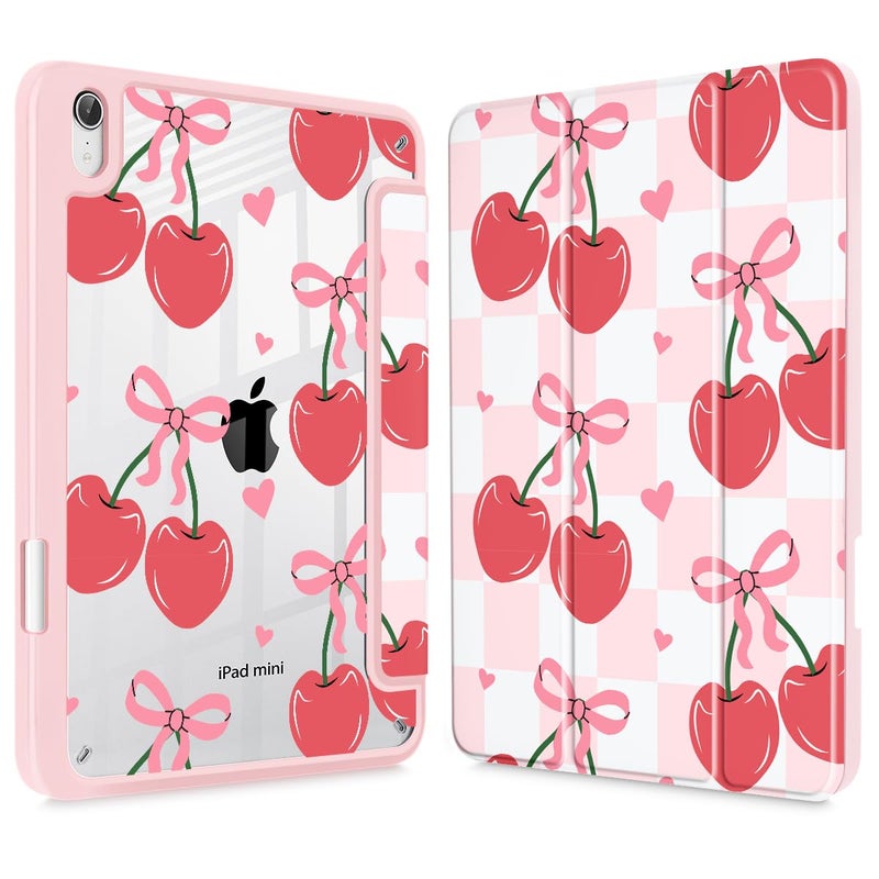Mektron Printed Case for iPad mini 7 (A17 Pro) 2024/ Mini 6 2021, iPad mini 7th/6th Generation 8.3-inch Liquid Retina Display Cover, Buit in Pencil Holder with Clear Back Shell, Cherries Bows C353 - Image 1