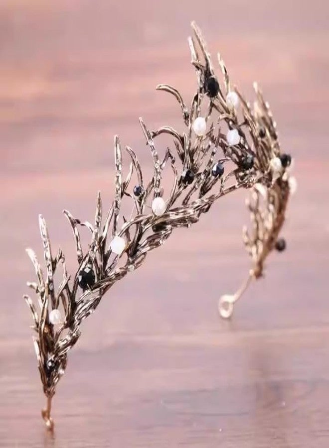 HPMAISON Women Black Hair Crown Vintage Wedding Tiaras Gothic Elf Headpiece Fancy Dress Headband for Bridal Carnival Prom Halloween Birthday Christmas Party Costume Accessories - Image 2