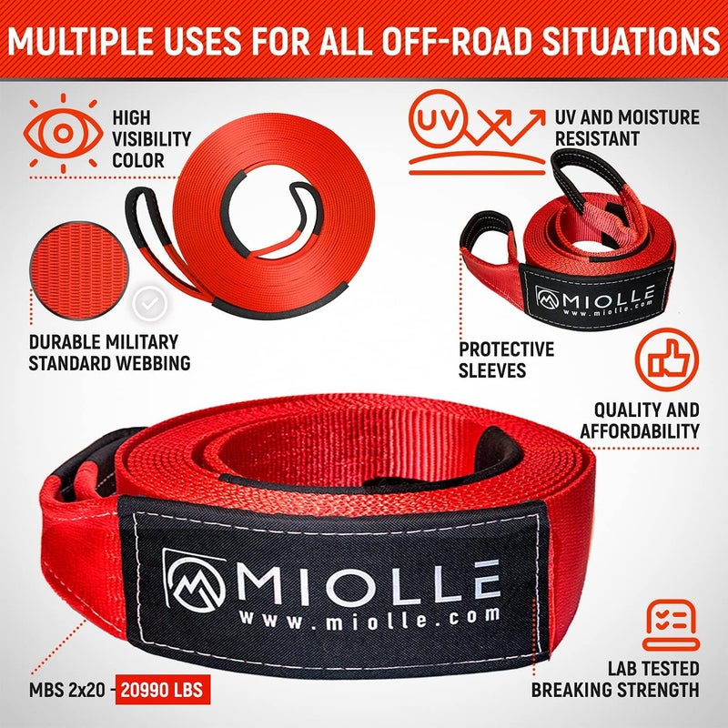MiolleGear Tow Strap 3â€x20â€™- 33400lbs MBS (Lab Tested) Recovery Strap Kit Includes: Tow Rope, 2 D-Ring Shackles MBS-41800LBS, Storage Case - Image 2