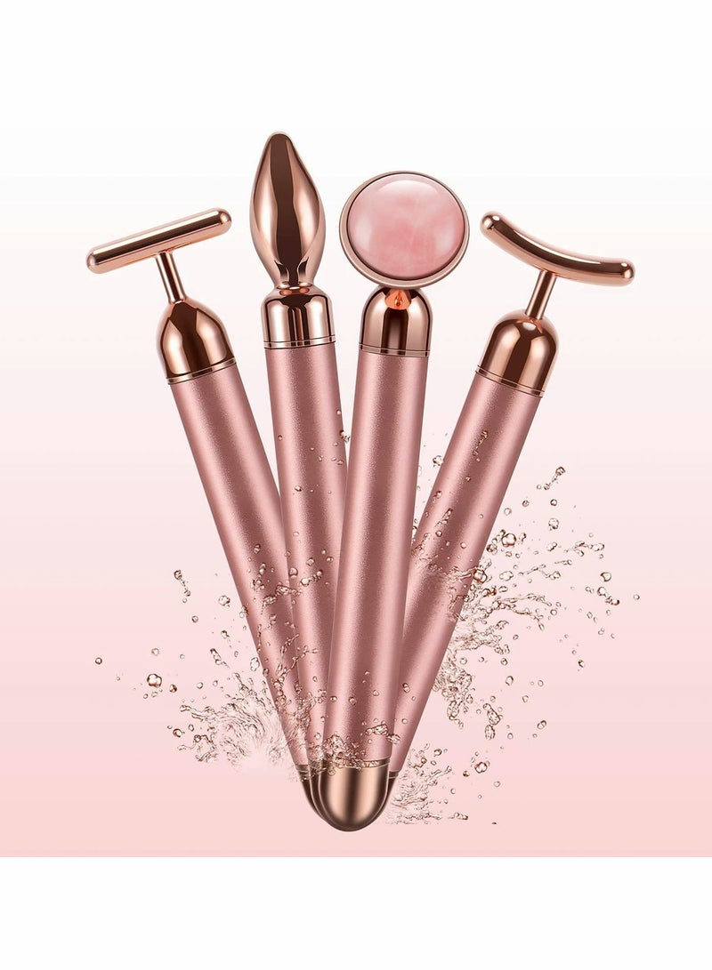 Excefore 4-in-1 Beauty Bar 24k Golden Pulse Face Massager, Electric Jade Roller Facial Massager Rose Quartz, Arm Eye Nose Massage Stone for Face Lift Anti-Aging Anti-Wrinkles Skin Tightening Face Firming - Image 1