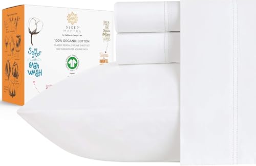 Sleep Mantra Premium 100% Organic Cotton Twin Bed Sheet Set - Soft & Cooling Percale Weave - 4 Piece Bedding Set with Deep Pocket - GOTS Certified - Breathable & Eco-Friendly (Twin, White) - Image 1