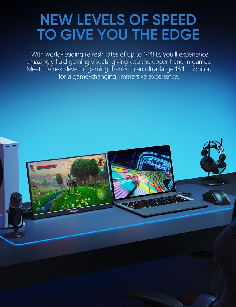 ARZOPA 16.1'' 144Hz Portable Gaming Monitor, 106% sRGB 1080P FHD Kickstand Portable Monitor with HDR, Ultra Slim, Eye Care, External Second Screen for Laptop, PC, PS5, Mac, Xbox-Z1FC - Image 2