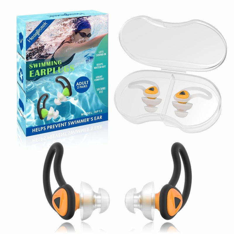 Hearprotek Ear Plugs for Swimmingâ€“2 Pairs Soft Silicone Reusable Waterproof Earplugs for Adults & Men Women, Custom Fit for Swimmers Ear, Pool, Beach, Snorkeling, Surfing, Kickboard Training(Orange) - Image 1