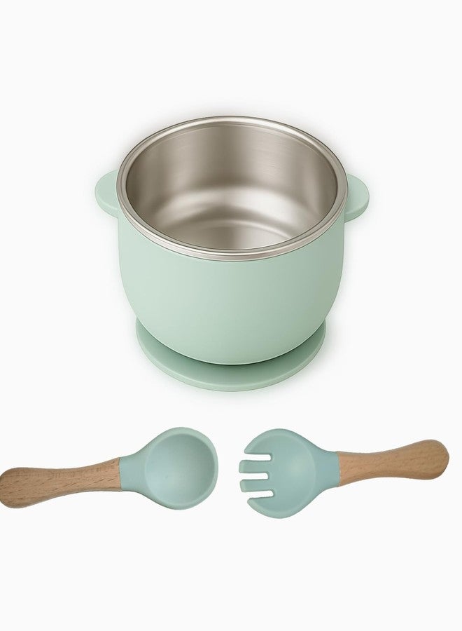 RENVA Set of 2 Silicone Baby Spoons and Forks + Suction Baby Bowls for Baby Food Feeding, Non-Toxic, Non-Slip, Dishwasher Safe.(Green, Bowl + Spoon) - Image 1