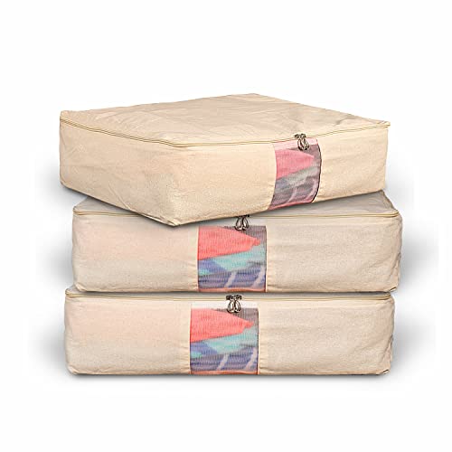 SOLSTICE Cotton Clothes Storage Box/Covers/Bags with Zip (18 x 16 x 4.5 inch) as Wardrobe Organizer for Huge /Dresses/Shirts/Trousers/Gown/Quilts - Pack of (3) white - Image 1