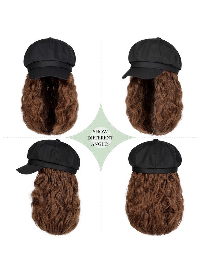 Lansigreen Newsboy Cap With Hair Extensions Short Curly Wavy Bob Hairstyle Wig Hat Beret 8 Panel Attached 14" Synthetic Hairpiece For Women Light Chestnut Brown - Image 3