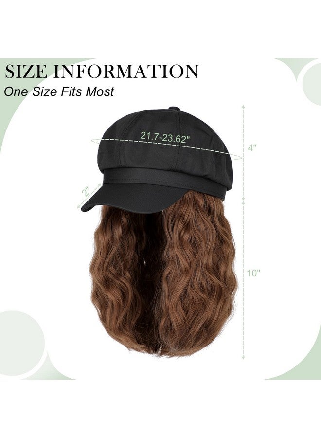 Lansigreen Newsboy Cap With Hair Extensions Short Curly Wavy Bob Hairstyle Wig Hat Beret 8 Panel Attached 14" Synthetic Hairpiece For Women Light Chestnut Brown - Image 4