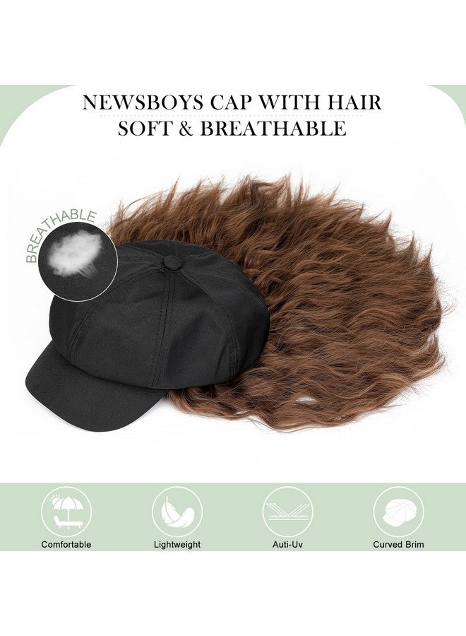 Lansigreen Newsboy Cap With Hair Extensions Short Curly Wavy Bob Hairstyle Wig Hat Beret 8 Panel Attached 14" Synthetic Hairpiece For Women Light Chestnut Brown - Image 5