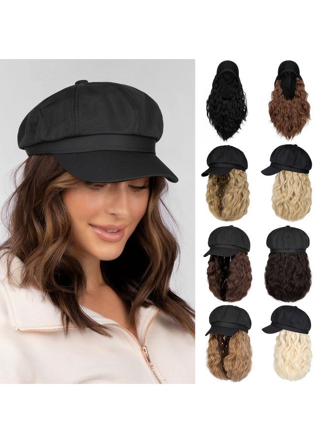 Lansigreen Newsboy Cap With Hair Extensions Short Curly Wavy Bob Hairstyle Wig Hat Beret 8 Panel Attached 14" Synthetic Hairpiece For Women Light Chestnut Brown - Image 2