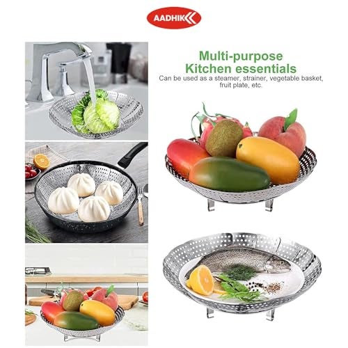 AADHIK Vegetable Steamer Basket Stainless Steel Vegetable Steamer for Cooking Vegetable & Fruits/Salad/Steaming with Insert for Pots, Crock, Pans Food Drain Bowl (Silver) - Image 3