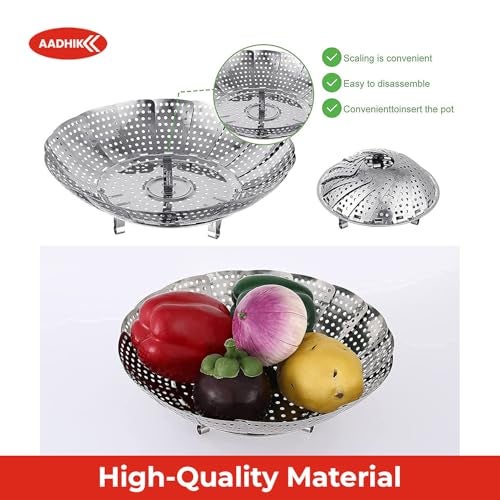 AADHIK Vegetable Steamer Basket Stainless Steel Vegetable Steamer for Cooking Vegetable & Fruits/Salad/Steaming with Insert for Pots, Crock, Pans Food Drain Bowl (Silver) - Image 4