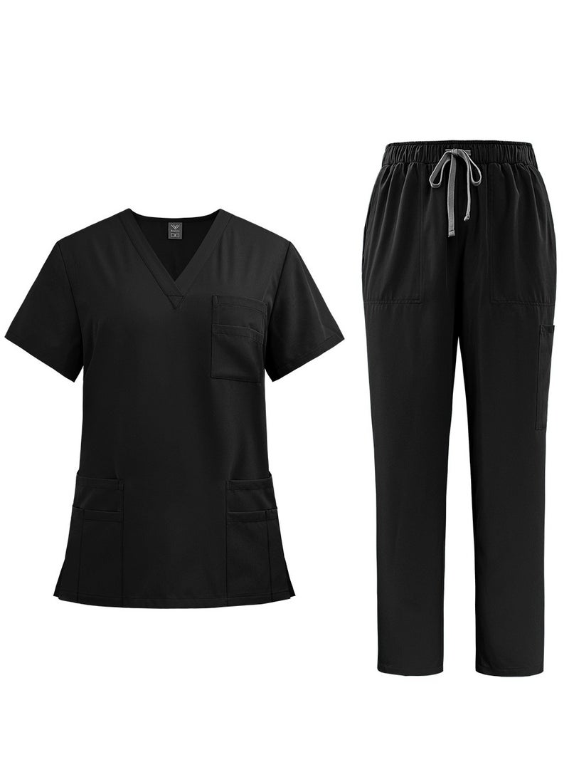 Loquat Womens Men Medical Scrubs Set Unisex Scrub Top and Scrub Pant Set Medical Uniform Scrubs Medical Uniform Set (Black) - Image 5
