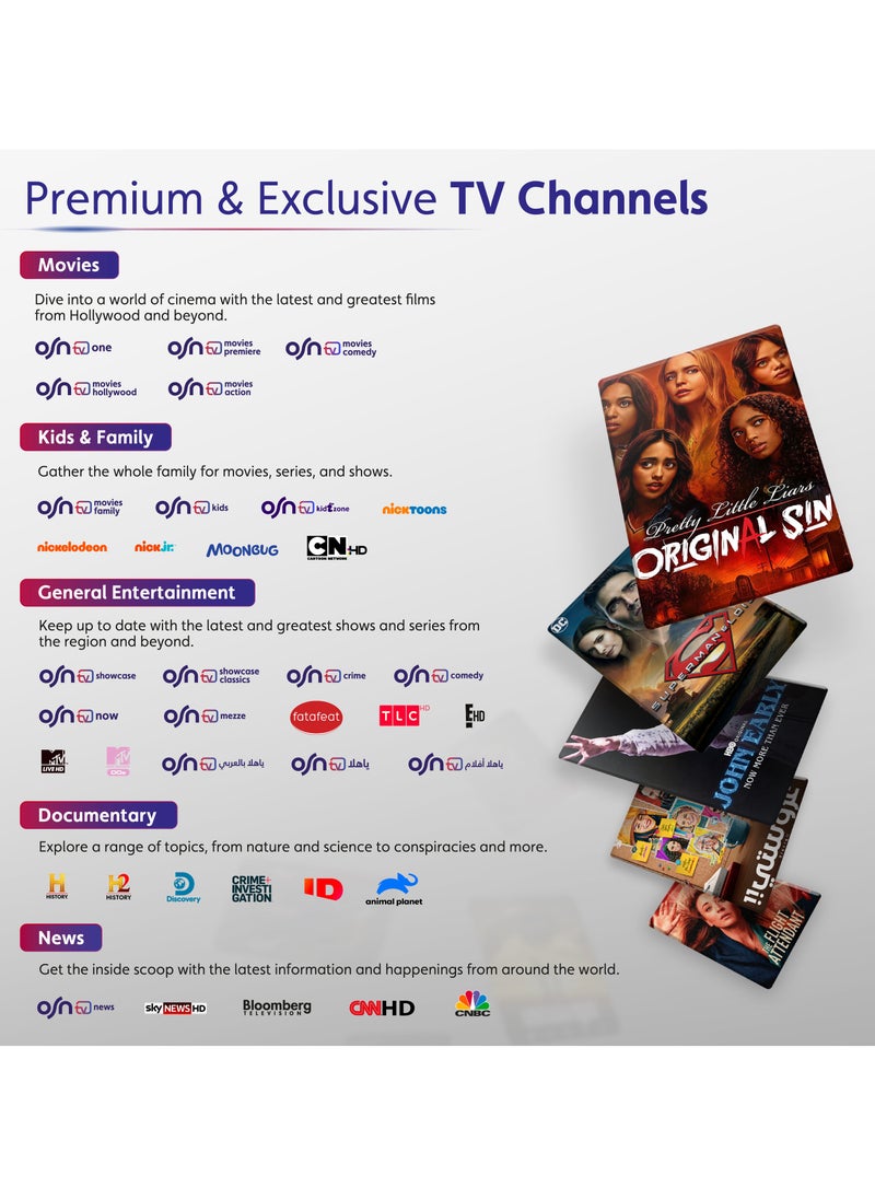 أو إس إن - اشتراك OSNtv (3 اشهر)، ترفيه OSN+ متضمن مع الجهاز الجديد بدقة 4K | جهاز التحكم الصوتي عن بُعد | Wi-Fi وإيثرنت | مشغل بواسطة Android 11.0 - Image 1