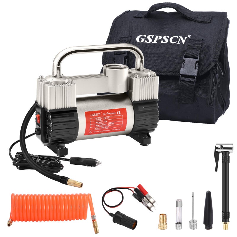 GSPSCN GSPSCN Silver Tire Inflator Heavy Duty Double Cylinders with Portable Bag, Metal 12V Air Compressor Pump 150PSI with Adapter for Car, Truck, SUV Tires, Dinghy, Air Bed etc  - Image 1