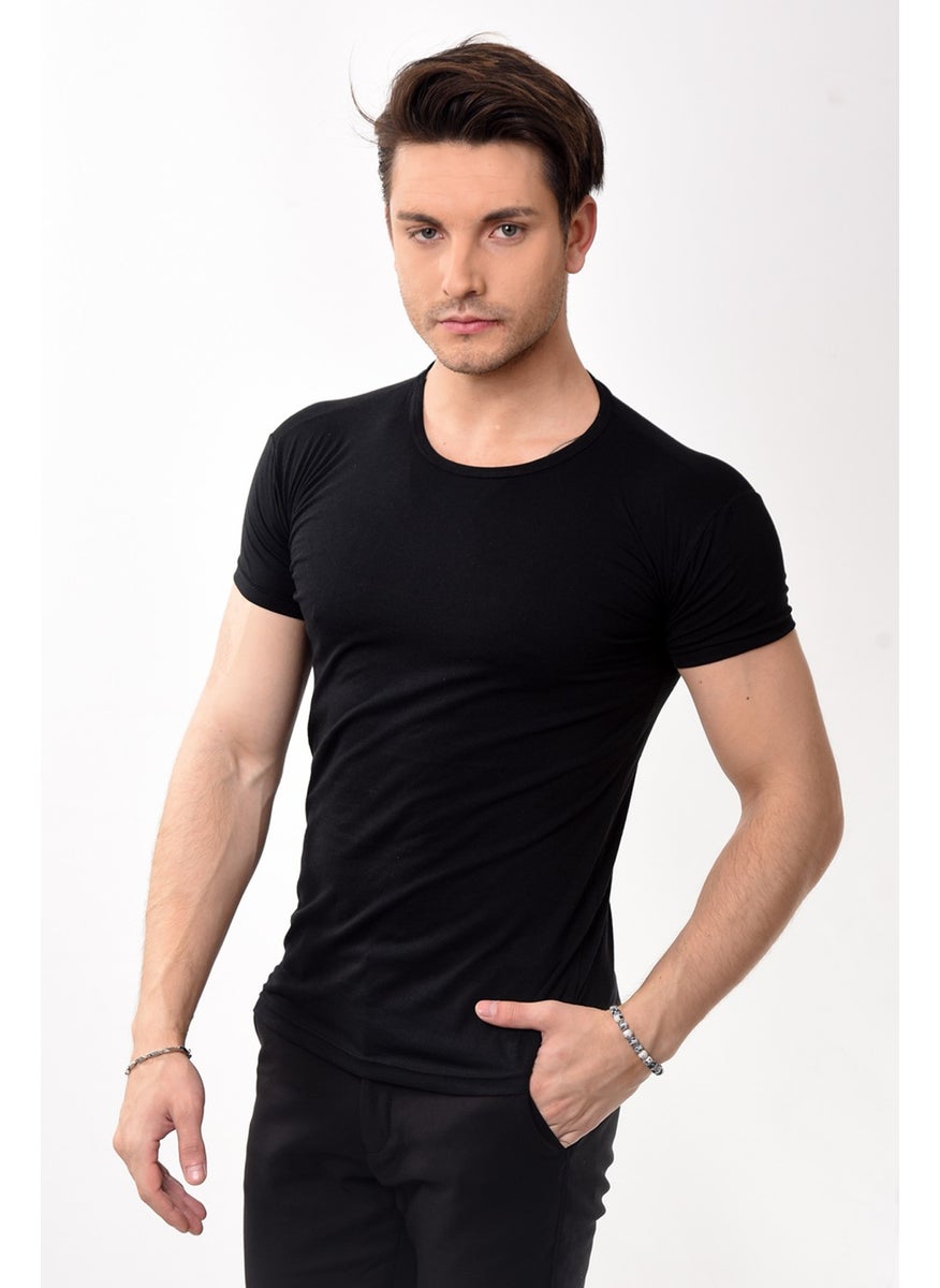 Belifanti Collection تي شيرت رجالي ضيق بأكمام قصيرة ورقبة دائرية باللون الأسود  - Image 4