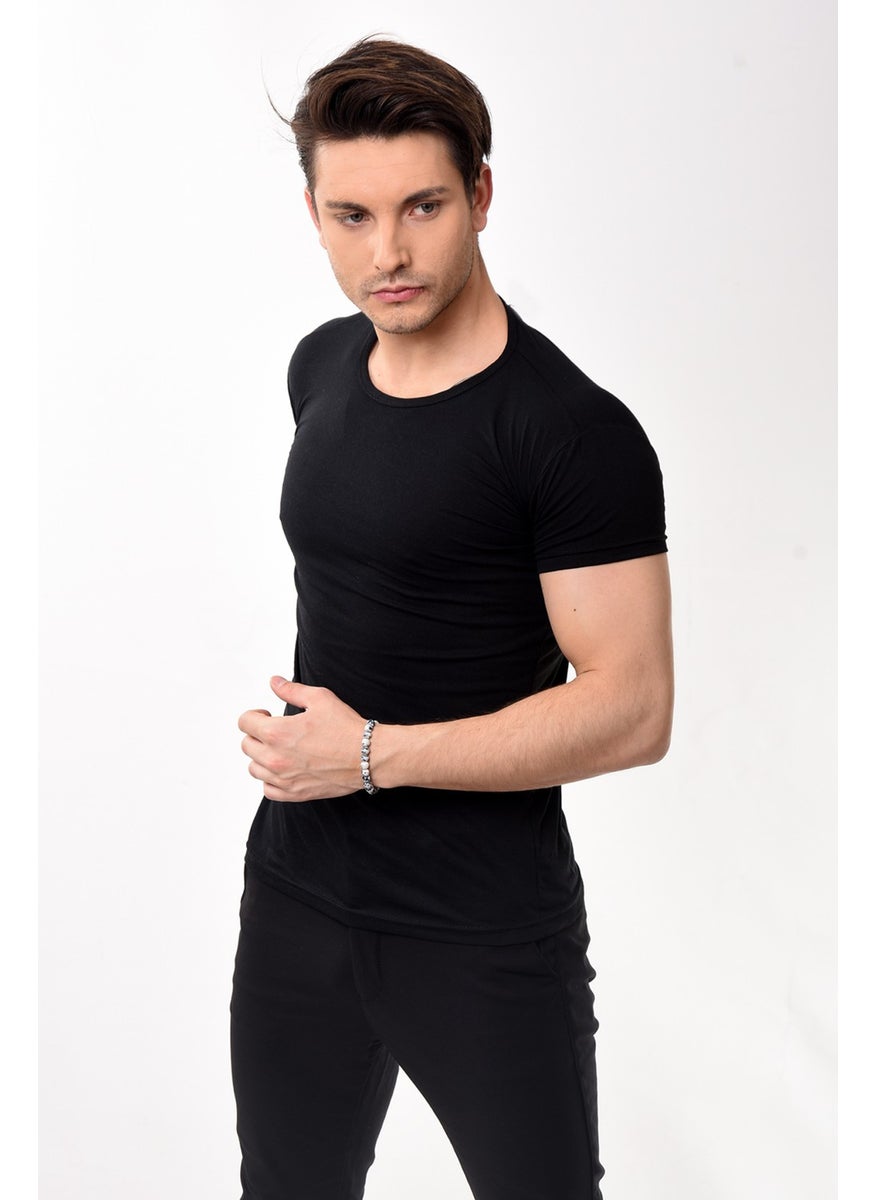 Belifanti Collection تي شيرت رجالي ضيق بأكمام قصيرة ورقبة دائرية باللون الأسود  - Image 3