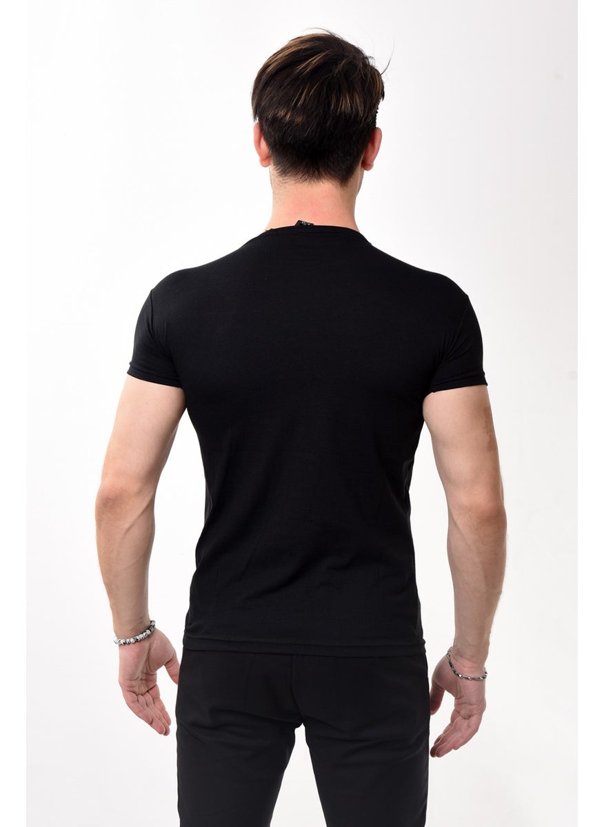 Belifanti Collection تي شيرت رجالي ضيق بأكمام قصيرة ورقبة دائرية باللون الأسود  - Image 5