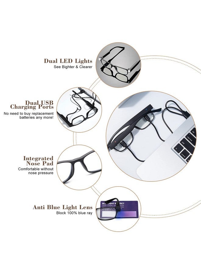 OKH Led Reading Glasses With Light Rechargeable Women Men Anti Blue Light Reader Eyeglasses (Rectangle Black 2.0X) - Image 5