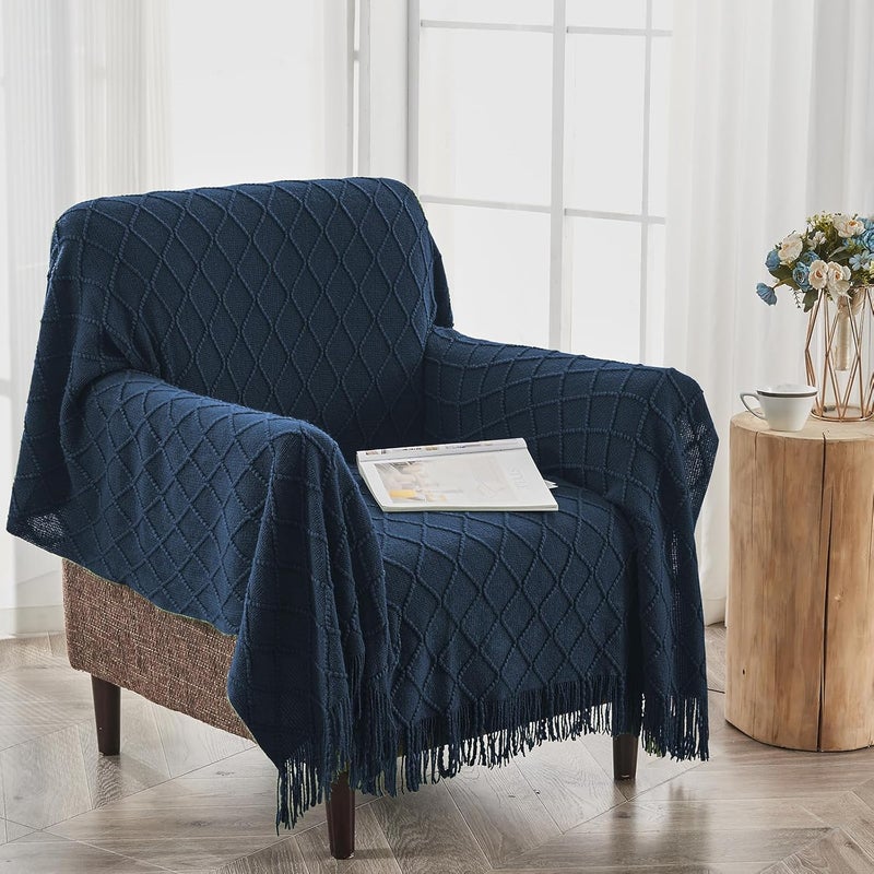 inhand Knitted Throw Blankets for Couch and Bed, Soft Cozy Knit Blanket with Tassel, Dark Blue Lightweight Decorative Blankets and Throws, Farmhouse Warm Woven Blanket for Men and Women, 60"x80" - Image 4