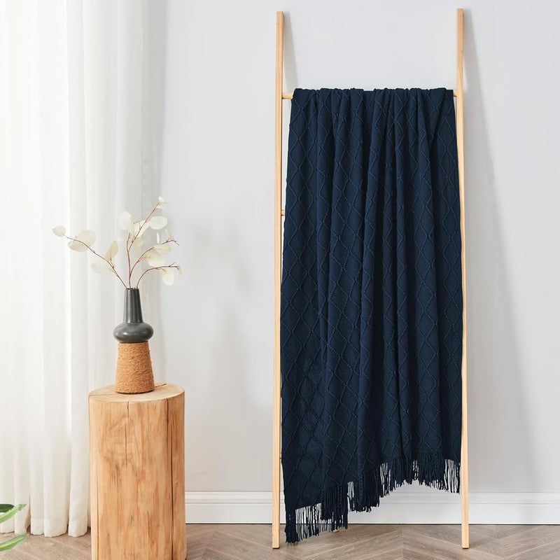 inhand Knitted Throw Blankets for Couch and Bed, Soft Cozy Knit Blanket with Tassel, Dark Blue Lightweight Decorative Blankets and Throws, Farmhouse Warm Woven Blanket for Men and Women, 60"x80" - Image 5