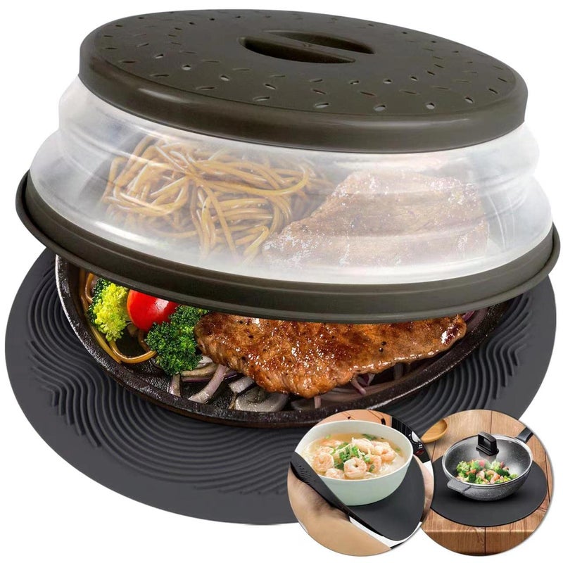 AIDACOM 2 In 1 Aidacom Microwave Cover for Food  12 Versatile Mat Prevent Burns Microwave Food Cover for Plates 12 11 10 Inch Collapsible Microwave Splatter Cover Gurad  Silicone Trivet BPA Free 