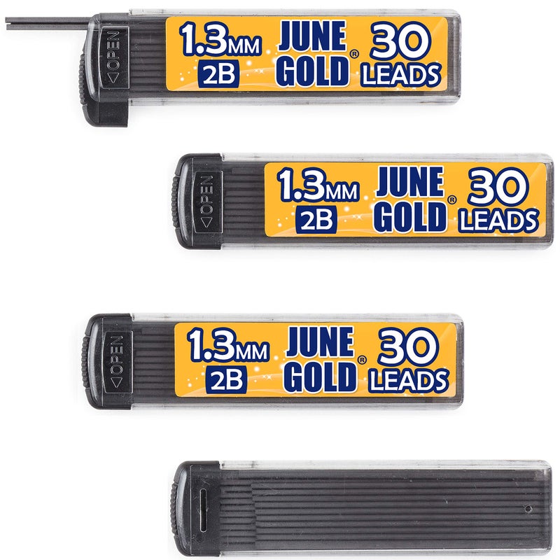 June Gold 120 Pieces, 1.3 mm 2B Lead Refills, 30 Pieces Per Dispenser, Medium Bold Thickness, Break Resistant Lead/Graphite (Pack of 4 Dispensers) - Image 1