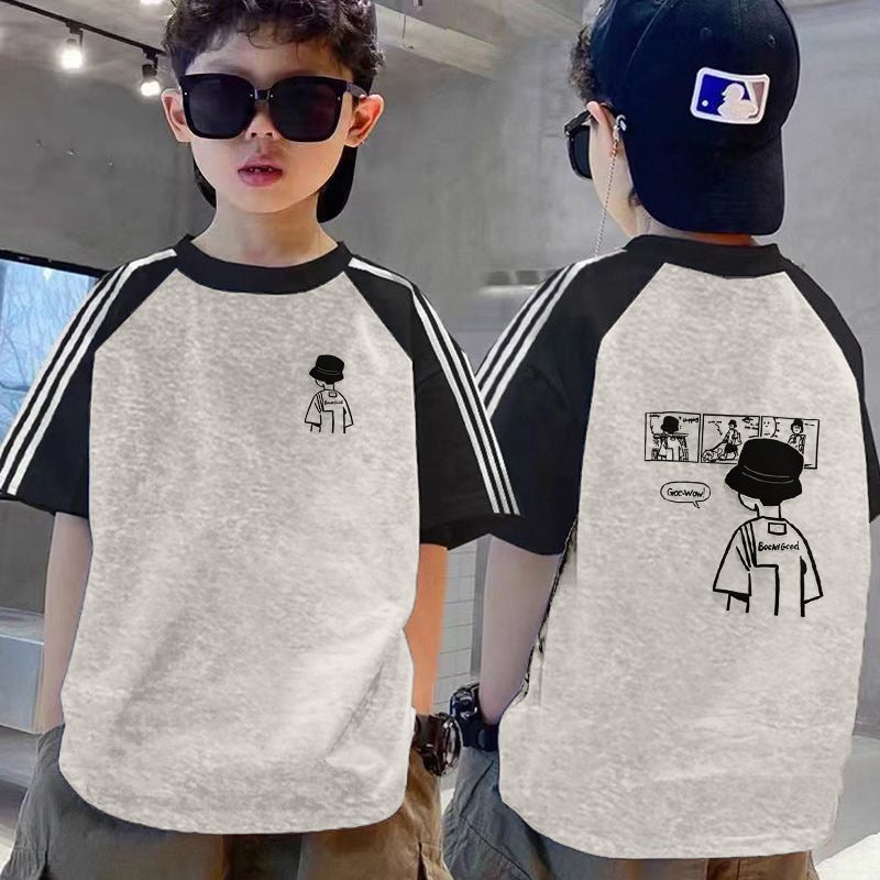 Children'S Clothing Boys' Pure Cotton T-Shirt Short-Sleeve Color-Block Three-Stripe Raglan Sleeve Summer Outfit For Older Kids Cool Stylish Boys Trendy T-Shirt - Image 2