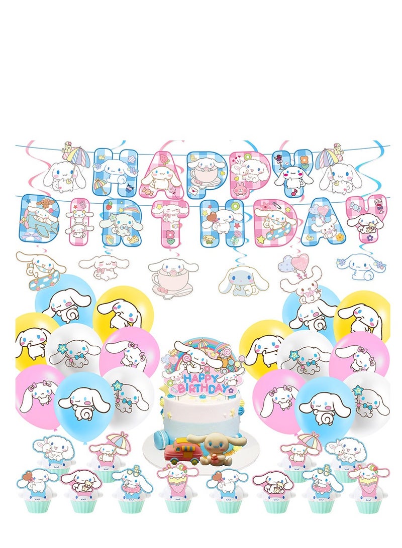XiuWoo Cinnamoroll Birthday Decorations, Cute Cartoon Party Supplies Include Banner, Backdrop, latex Balloons  Hanging Swirls Foil Balloon Cake Cupcake Toppers  Tablecloth - Image 1