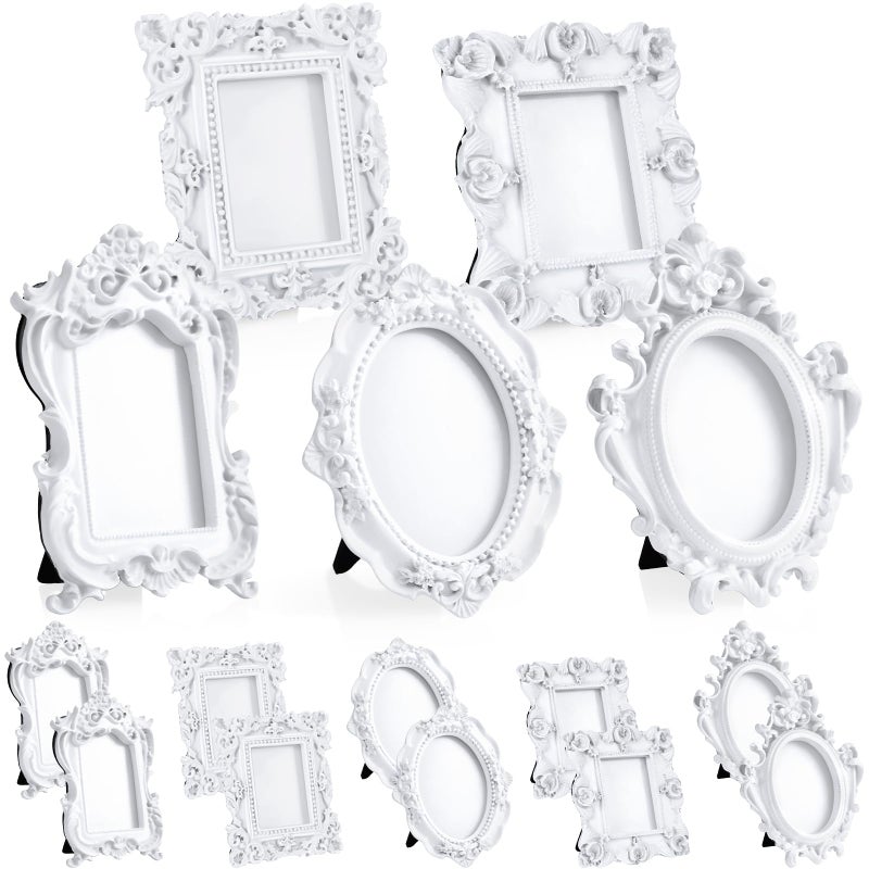 Maitys 15 Pcs Mini Picture Vintage Frames Tiny Antique Photo Baroque Ornate Resin Oval Frame Table Top Display Home Wedding Decor (White) - Image 1