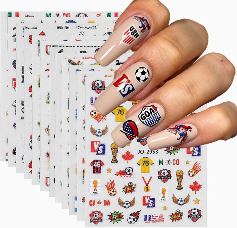 12Sheets World Cup Soccer Nail Stickers Colorful Football Sports Nail Decals Laser Glitter Nail Designs Waterproof Nails Supplies Self-Adhesive Nails Stickers Decals for Women DIY Manicure