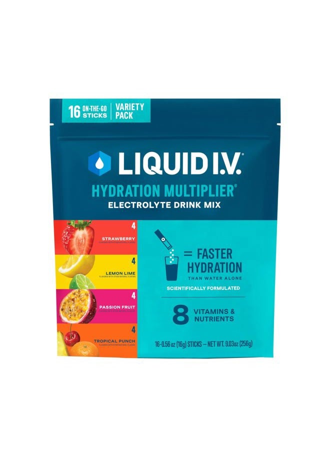 Liquid I.V. ® مضاعف الترطيب - مجموعة متنوعة - ليمون ليم، فاكهة العاطفة، فراولة، مشروب استوائي | مسحوق مشروب إلكتروليت | 1 عبوة (16 حصة) - Image 1