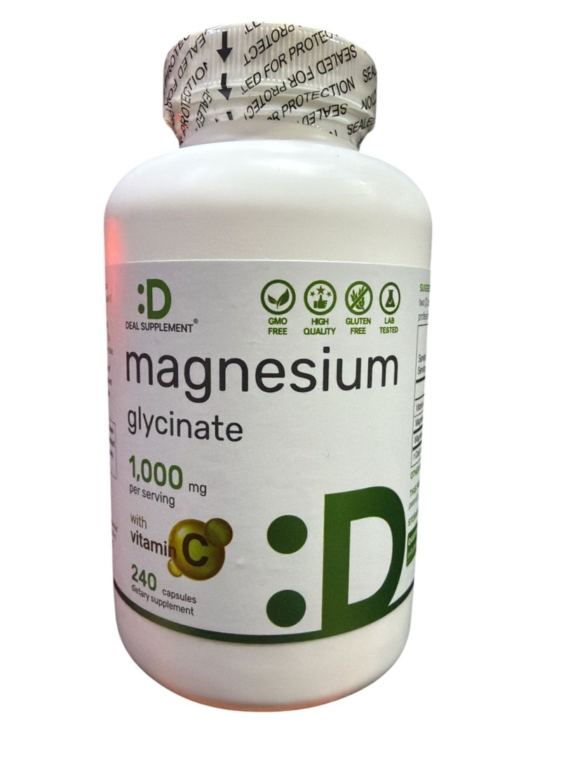 DEAL SUPPLEMENT مغنيسيوم جليسينات 500 ملغ لكل كبسولة (1000 ملغ لكل حصة) مع فيتامين ج، 240 كبسولة – 100% مخلب لسهولة الامتصاص – مكمل معدني أساسي لصحة العضلات والنوم والقلب - Image 1