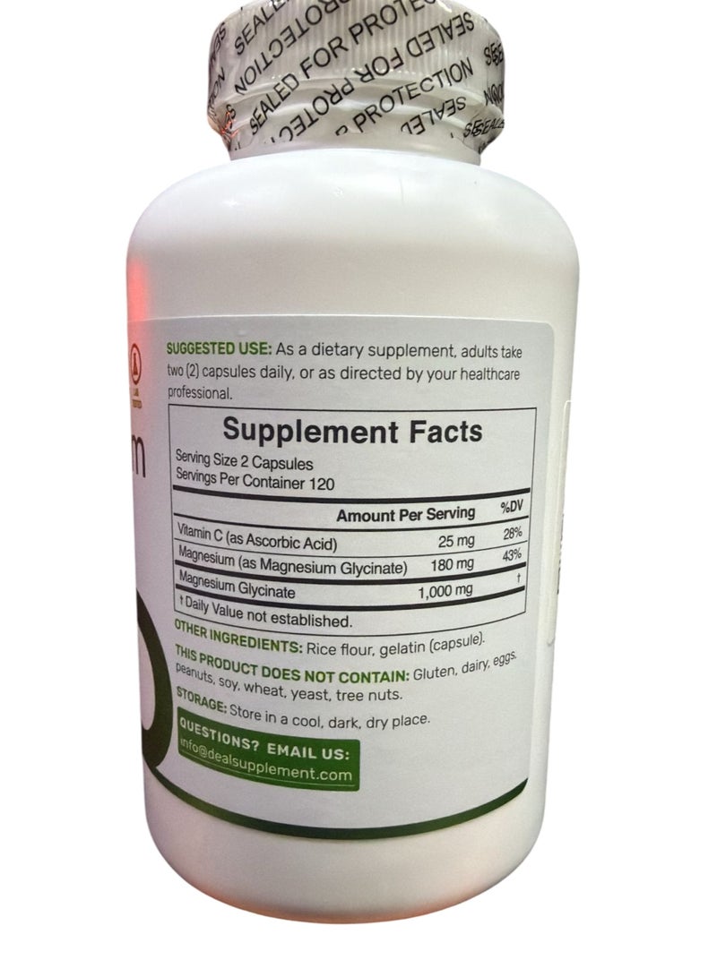 DEAL SUPPLEMENT مغنيسيوم جليسينات 500 ملغ لكل كبسولة (1000 ملغ لكل حصة) مع فيتامين ج، 240 كبسولة – 100% مخلب لسهولة الامتصاص – مكمل معدني أساسي لصحة العضلات والنوم والقلب - Image 2