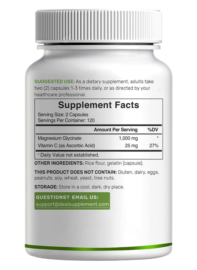 DEAL SUPPLEMENT Magnesium Glycinate 500mg Per Capsule (1000mg Per Serving) Plus Vitamin C, 240 Capsules – 100% Chelated for Easy Absorption – Essential Mineral Supplement for Muscle, Sleep, & Heart Health  - Image 2