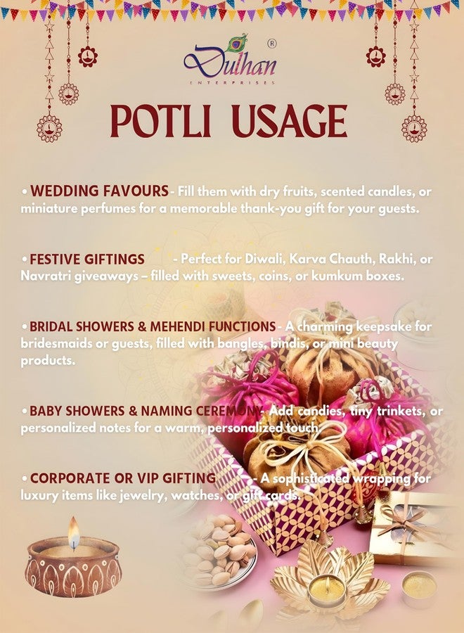 دلهان حقيبة بوتلي حريرية وردية كبيرة للنساء | عبوة من 5 قطع | حقيبة هدايا زفاف | بوتلي مطرزة يدوياً لهدايا التذكار | حقيبة باتوا قابلة لإعادة الاستخدام برباط | حقيبة يد أنيقة للنساء والفتيات - Image 5