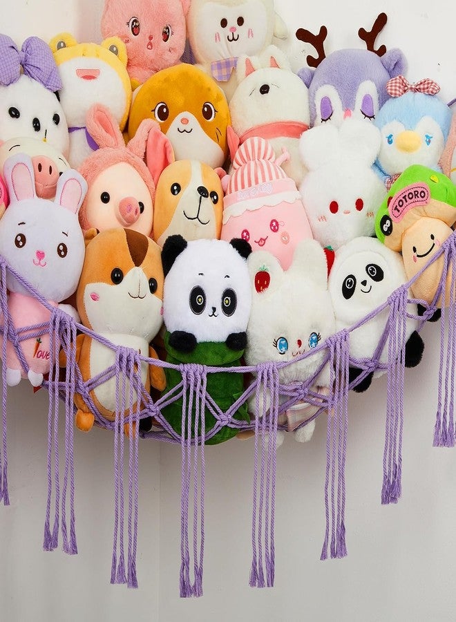Macrame Kn0ts Stuffed Animal Hammock Net with Fairy Lights - Purple Boho Cotton Wall Hanging Toy Storage Organizer for Nursery, Kids Playroom & Bedroom - Image 3