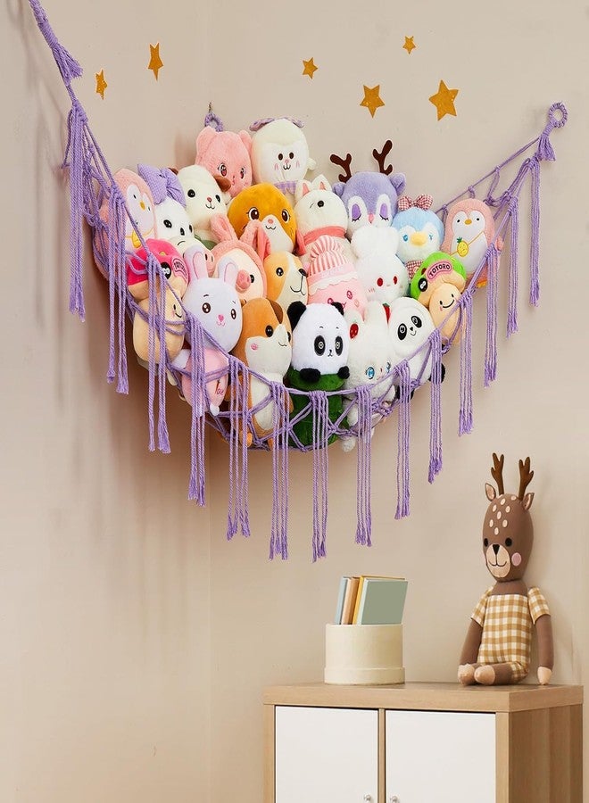 Macrame Kn0ts Stuffed Animal Hammock Net with Fairy Lights - Purple Boho Cotton Wall Hanging Toy Storage Organizer for Nursery, Kids Playroom & Bedroom - Image 5