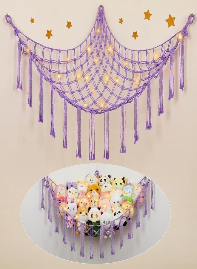 Macrame Kn0ts Stuffed Animal Hammock Net with Fairy Lights - Purple Boho Cotton Wall Hanging Toy Storage Organizer for Nursery, Kids Playroom & Bedroom - Image 1