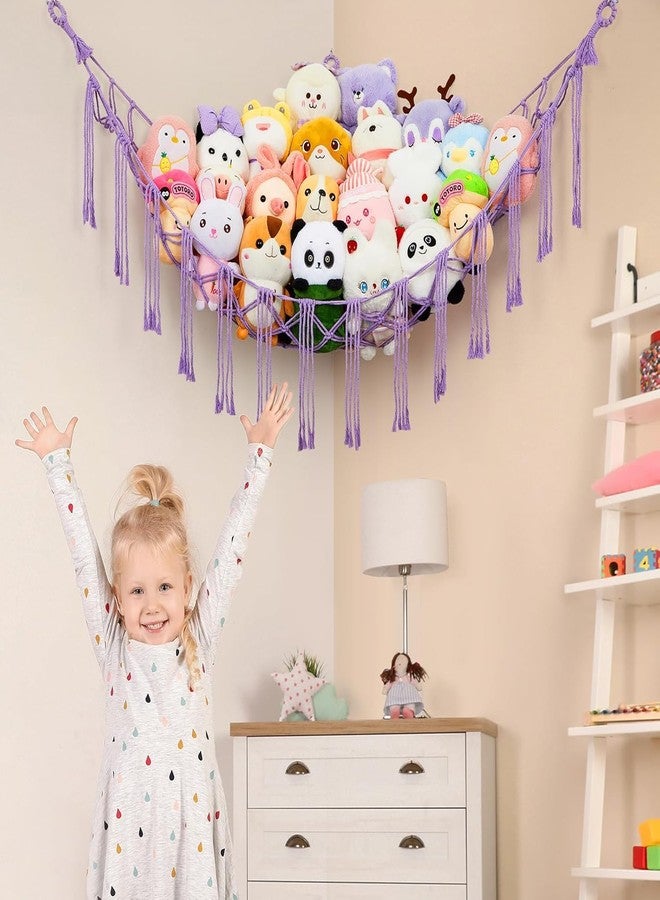 Macrame Kn0ts Stuffed Animal Hammock Net with Fairy Lights - Purple Boho Cotton Wall Hanging Toy Storage Organizer for Nursery, Kids Playroom & Bedroom - Image 4