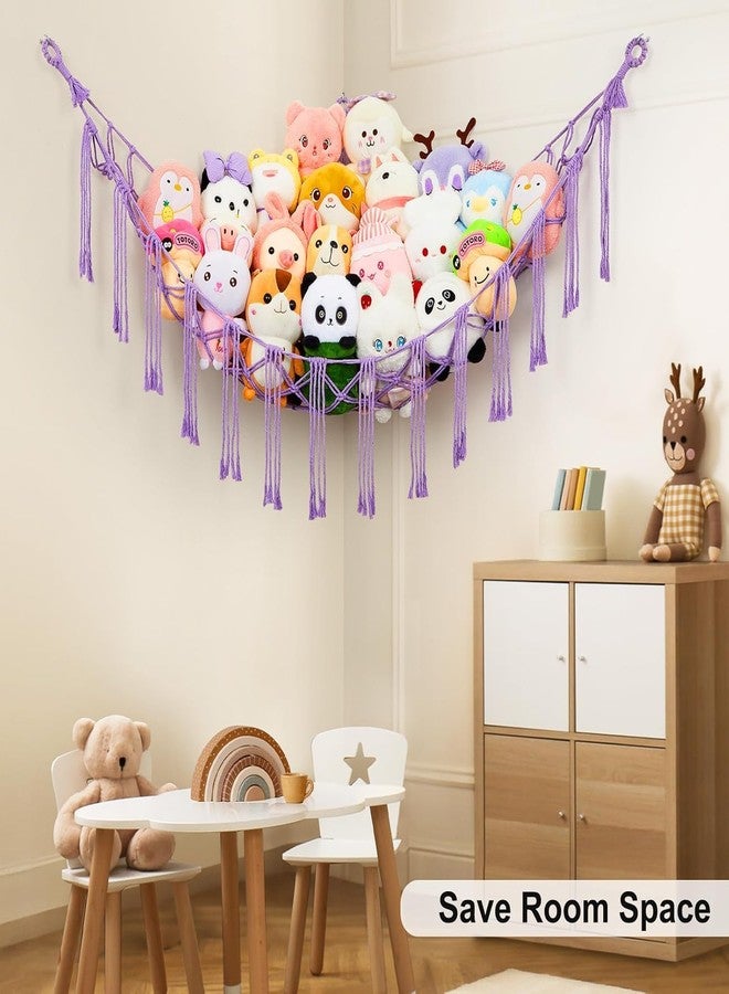 Macrame Kn0ts Stuffed Animal Hammock Net with Fairy Lights - Purple Boho Cotton Wall Hanging Toy Storage Organizer for Nursery, Kids Playroom & Bedroom - Image 2