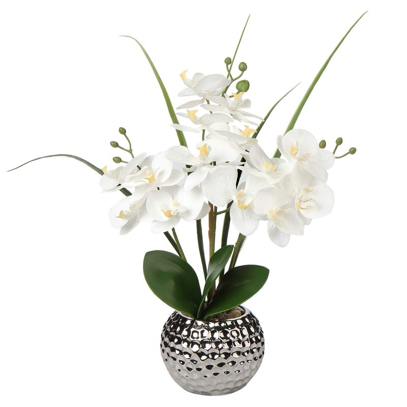 Briful 208 Artificial Flowers Orchid Plant Real Touch Phalaenopsis in Ceramic Silver Pot for Wedding Dinning Table Centerpiece Home Decor Orchid White Lifelike Fake Flowers