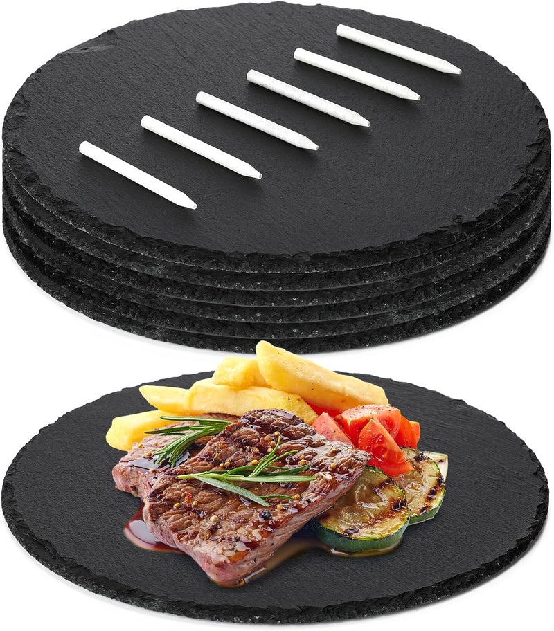 Uiifan 6 Pcs Round Slate Cheese Boards 11 Inch Round Black Stone Plates Charcuterie Boards Cheese Platter Serving Stone Tray Display Chalkboard with Soapstone Chalk for Meats Appetizers Dried Fruits - Image 1
